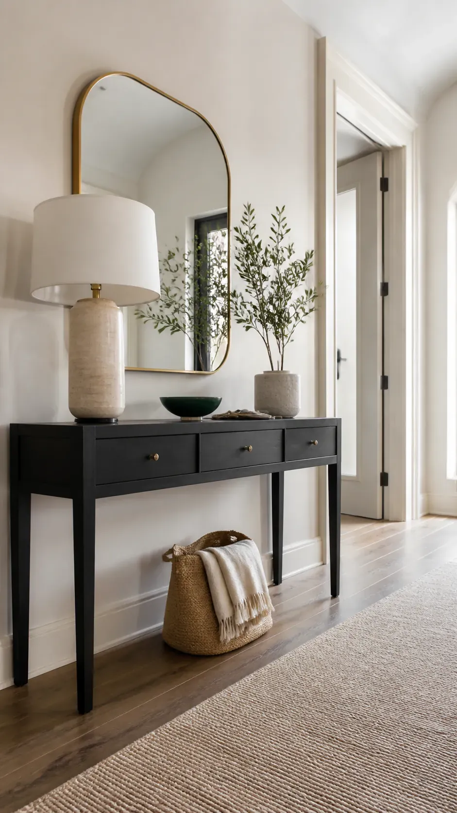 dark console table decor against a light entryway wall