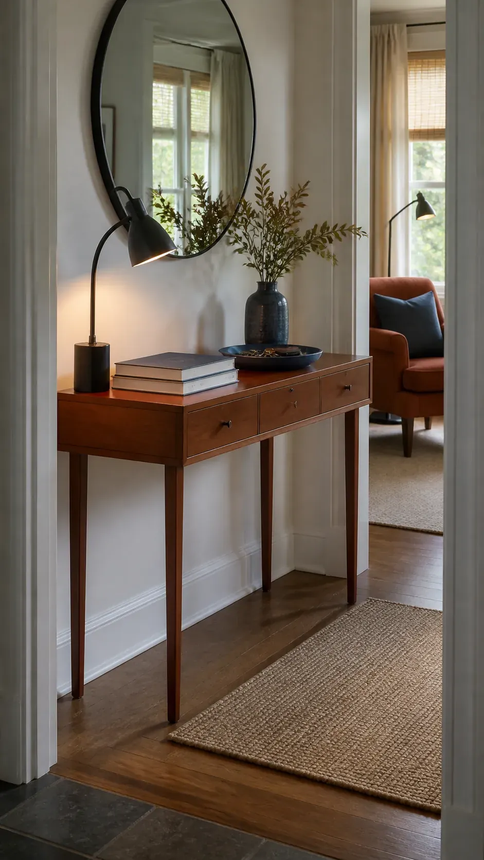 console table decor transitioning to a reading nook