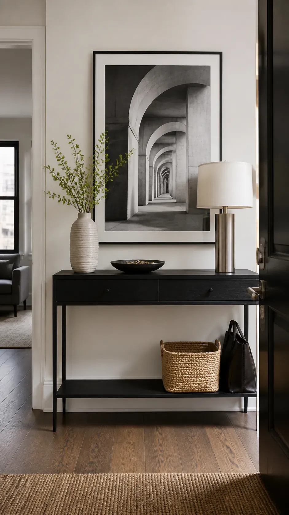 black and white architecture photo above entryway console