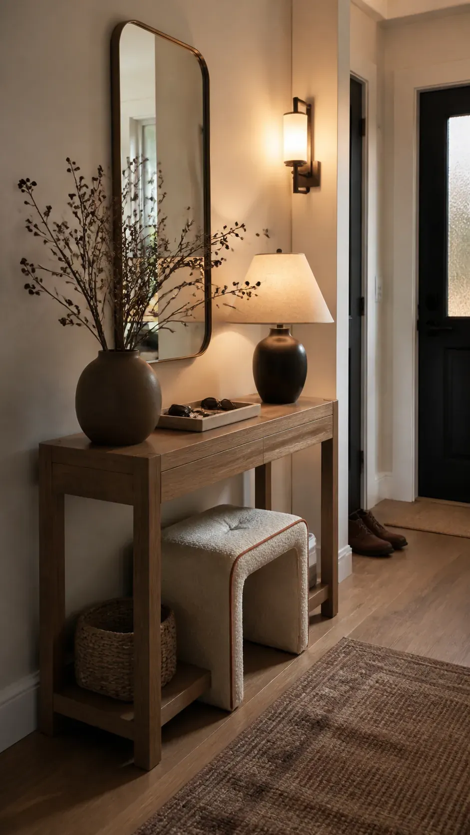 entryway console with tucked upholstered stool