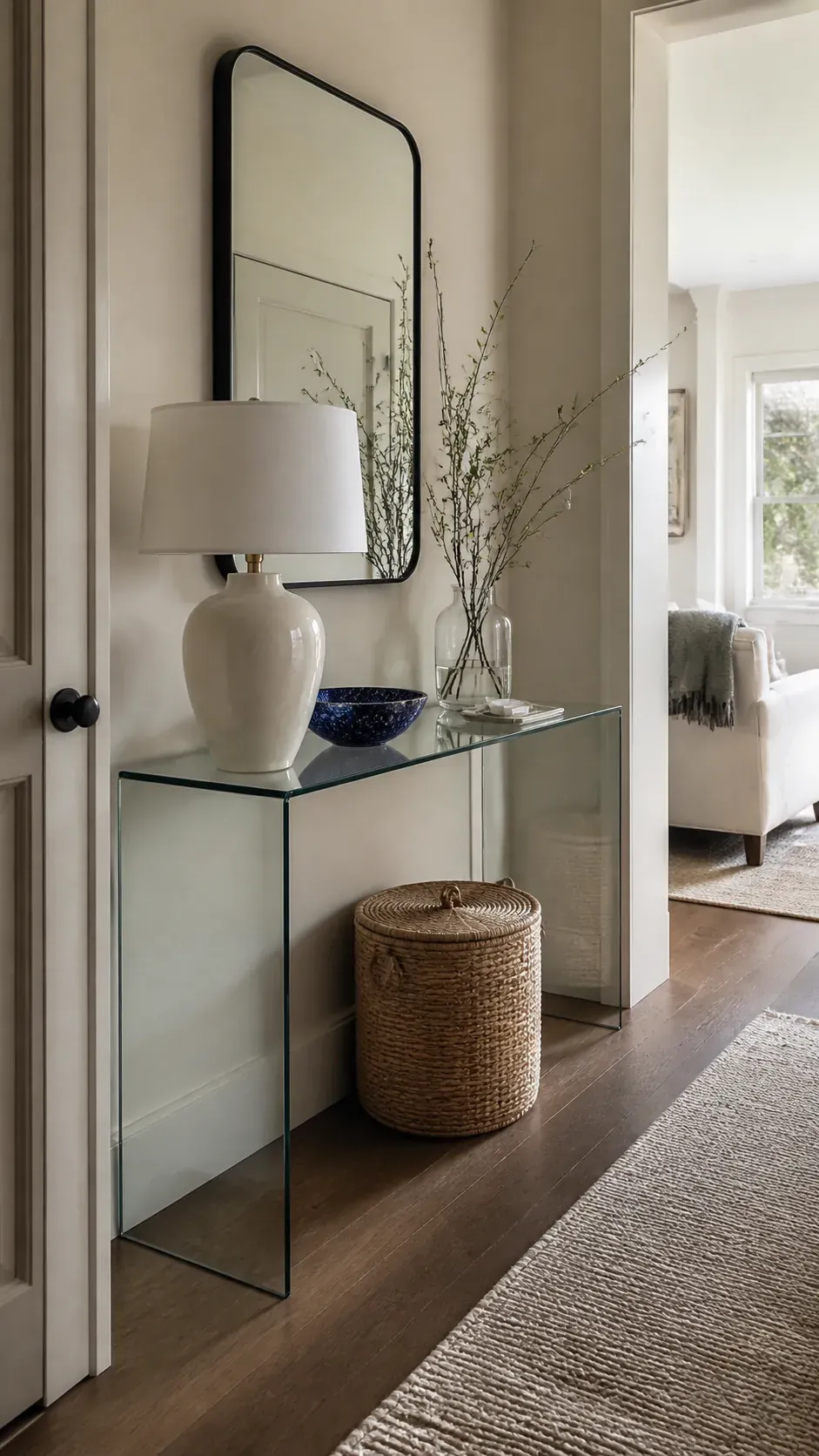 clear glass console styled for a narrow entryway
