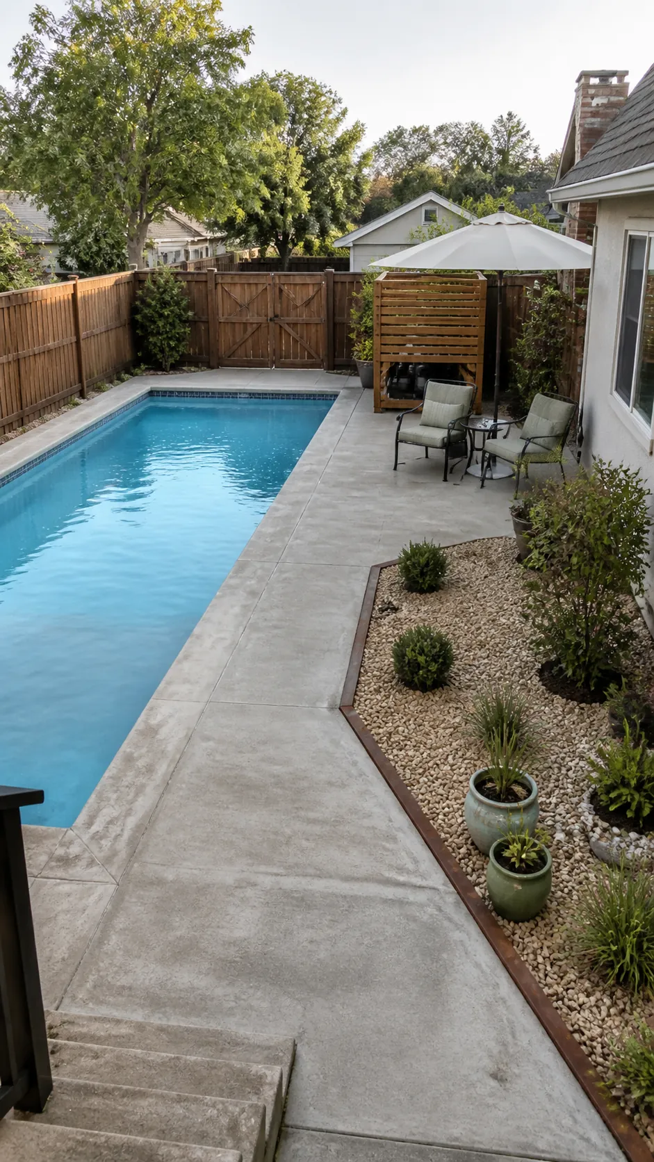 Affordable pool makeover with restored furniture, gravel planting and a clean existing deck