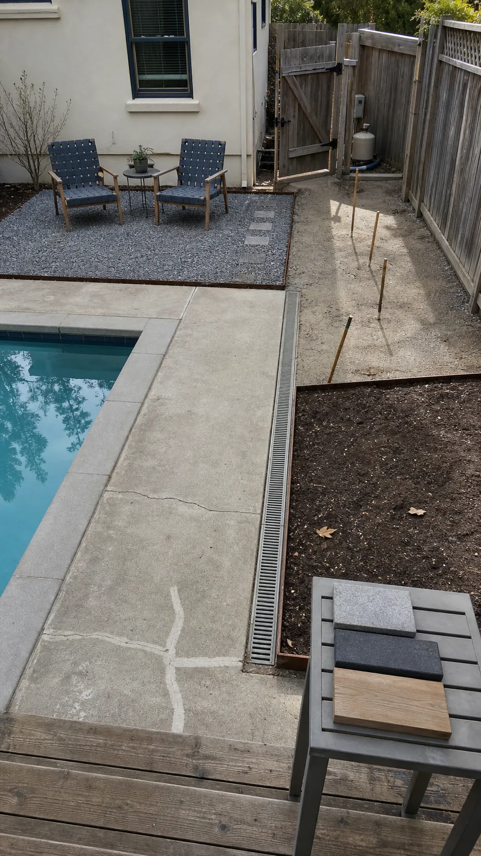 Small pool yard arranged in clear phases with an existing deck and future planting zones