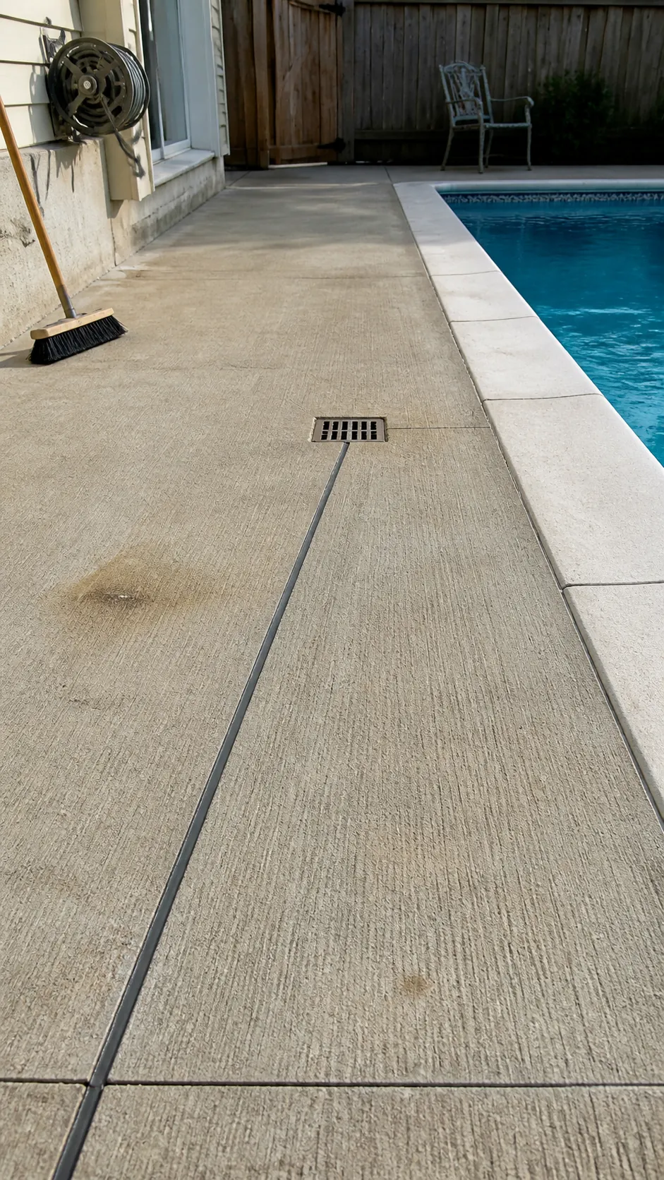 Freshly cleaned existing concrete pool deck with repaired joints