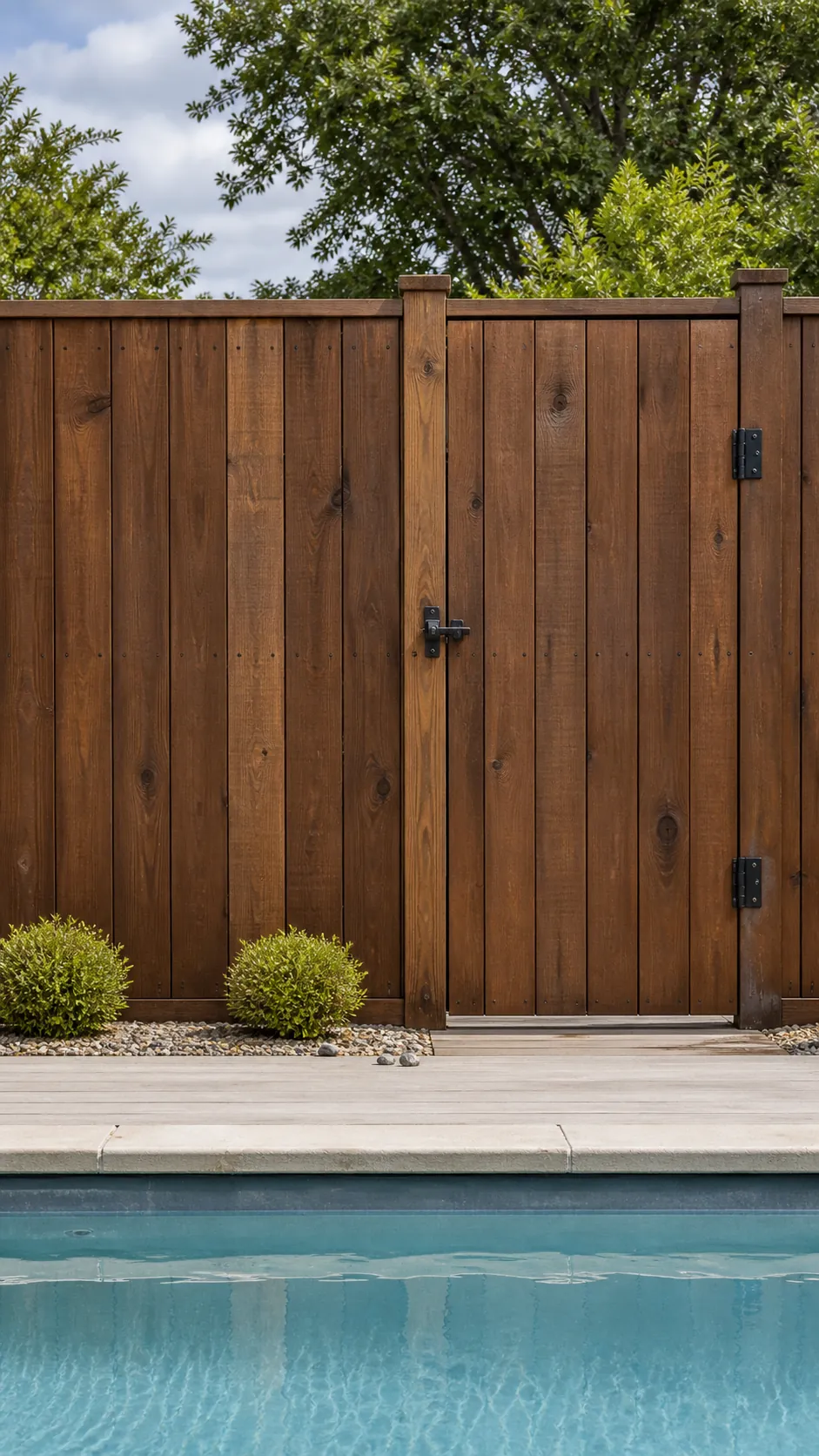 Budget pool makeover with a repaired and evenly stained timber fence