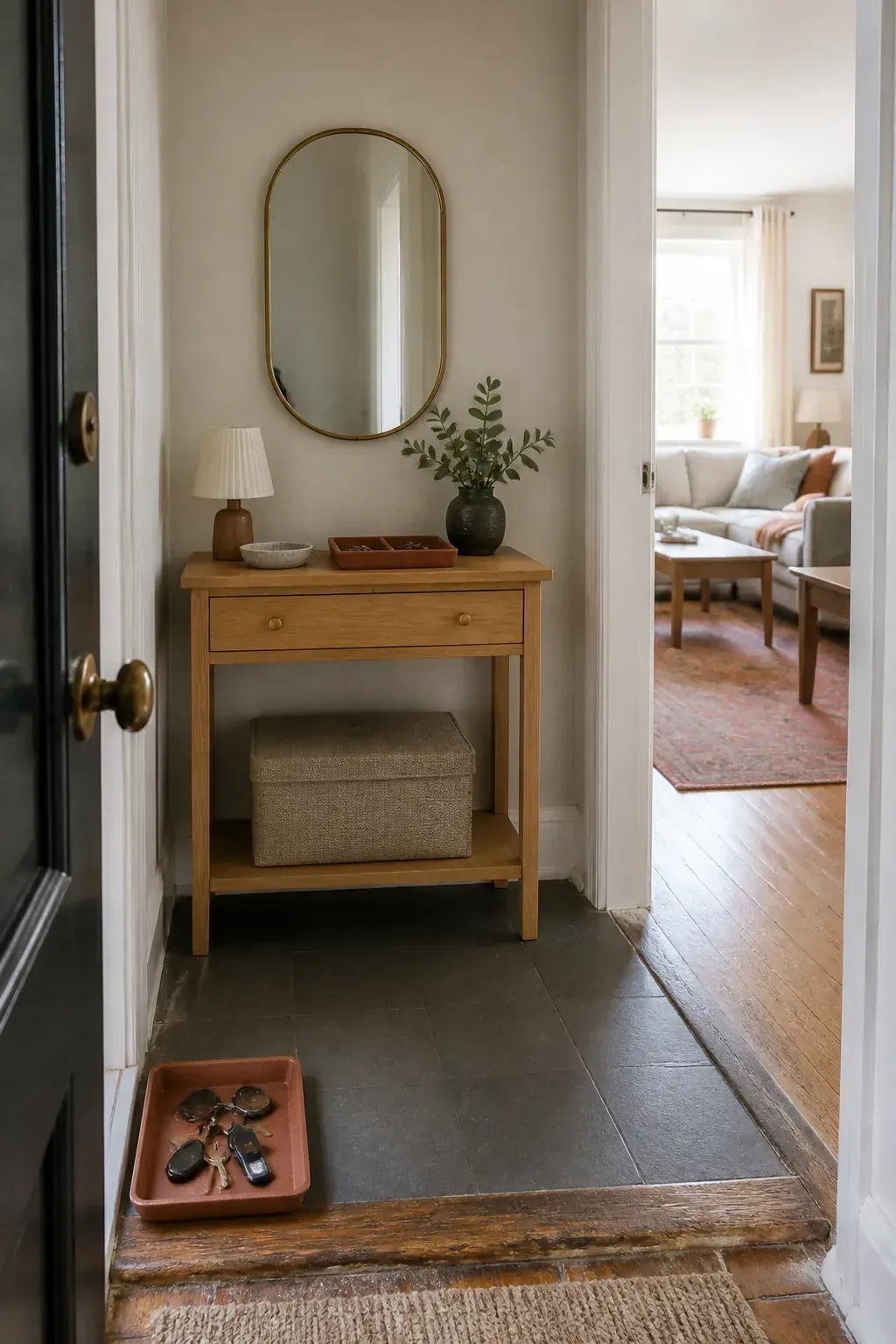 Practical small entry table decor in a bright narrow foyer