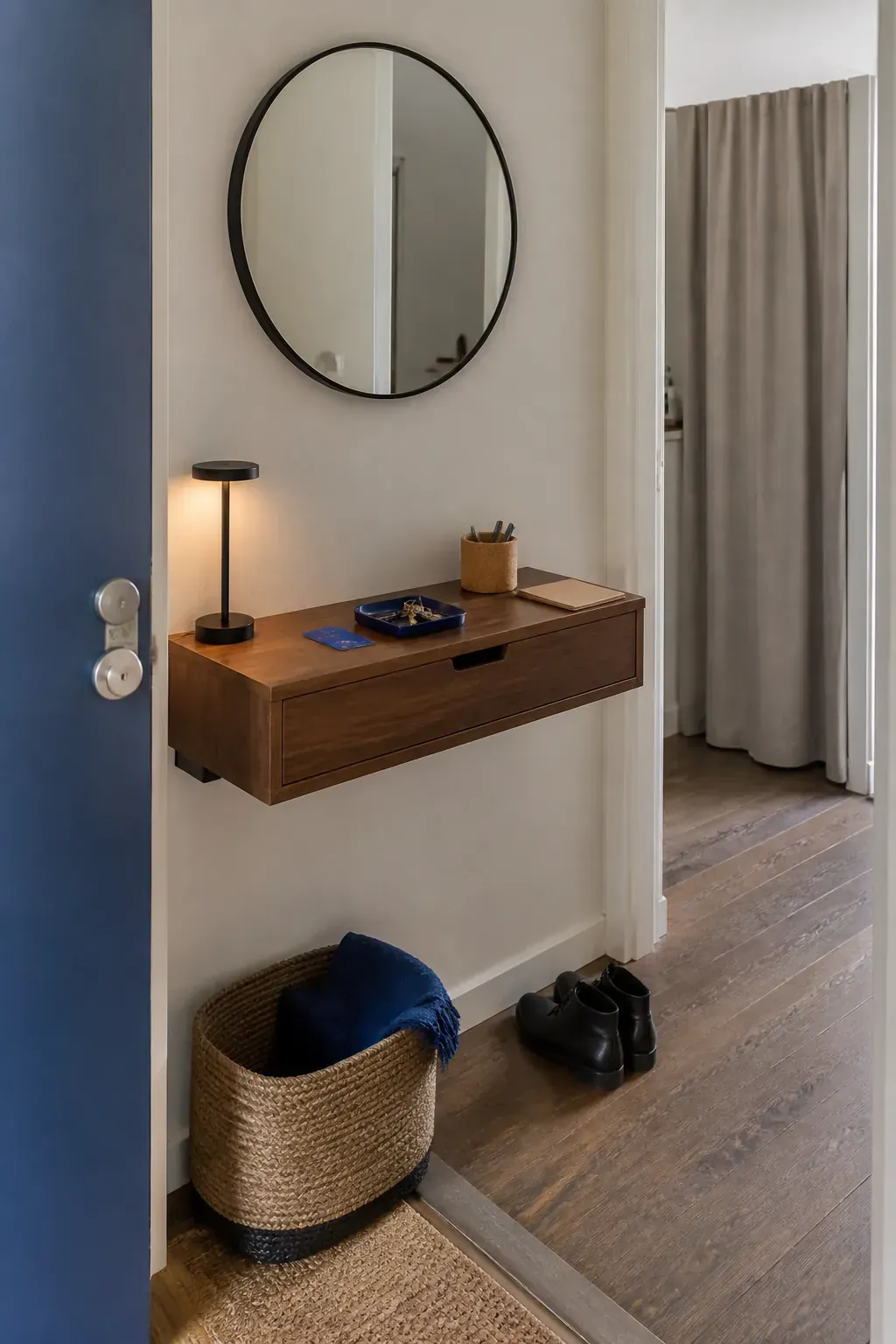 Wall-mounted entry drawer with round mirror