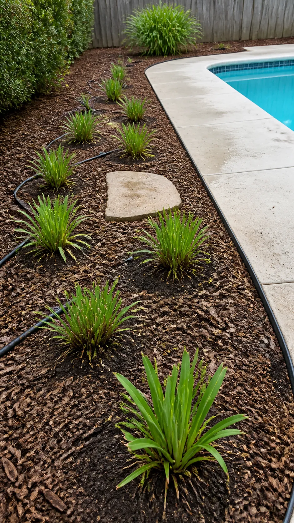 Repeated divided perennials filling a simple low-cost pool border