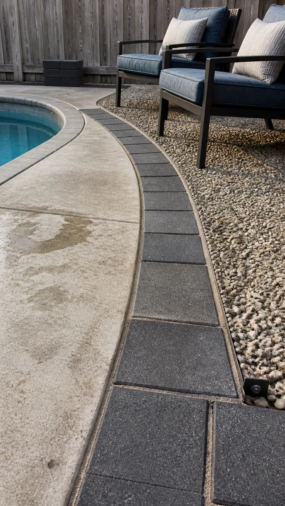 Simple concrete paver border defining an affordable pool lounge zone