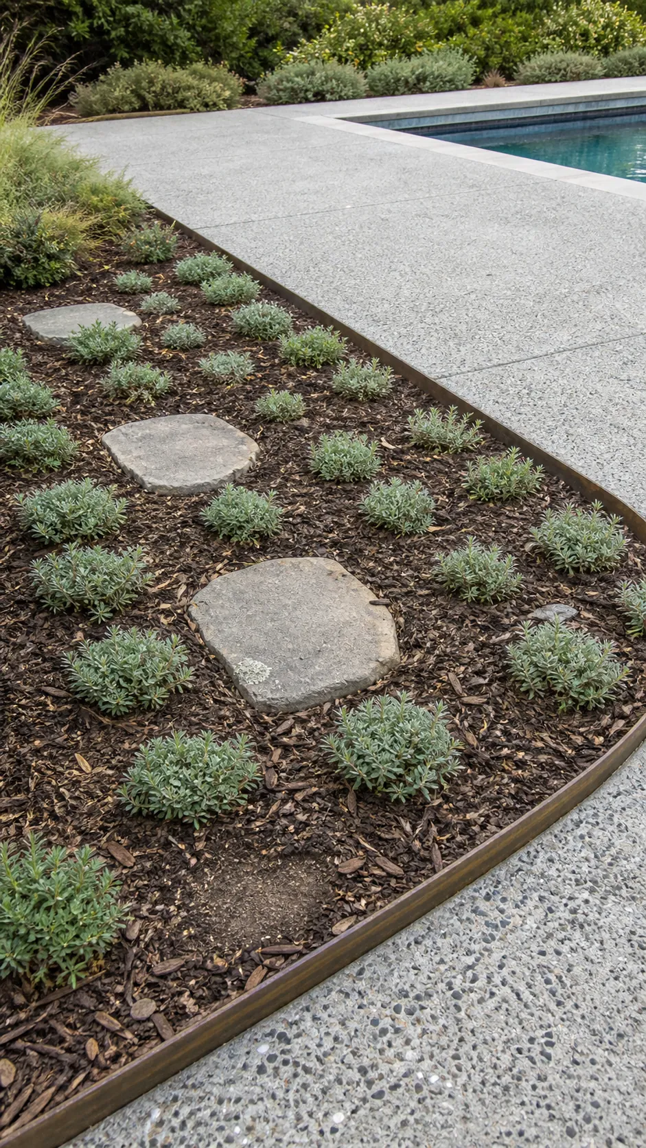 Budget groundcover plugs establishing in a tidy poolside border
