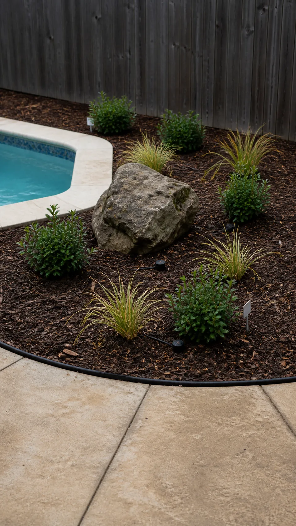 Small healthy starter plants spaced for mature growth around a pool