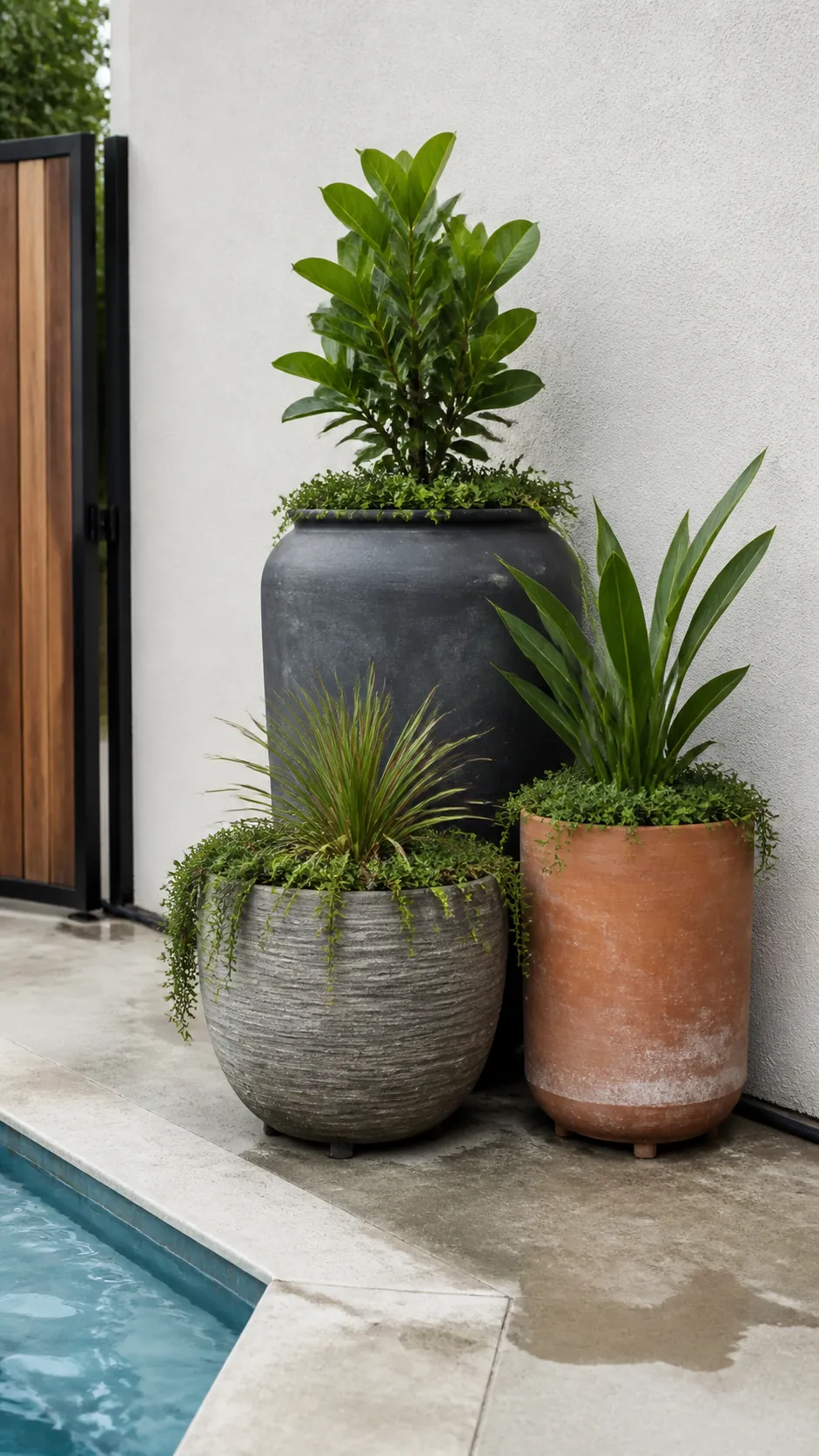Grouped secondhand oversized pots adding affordable poolside greenery