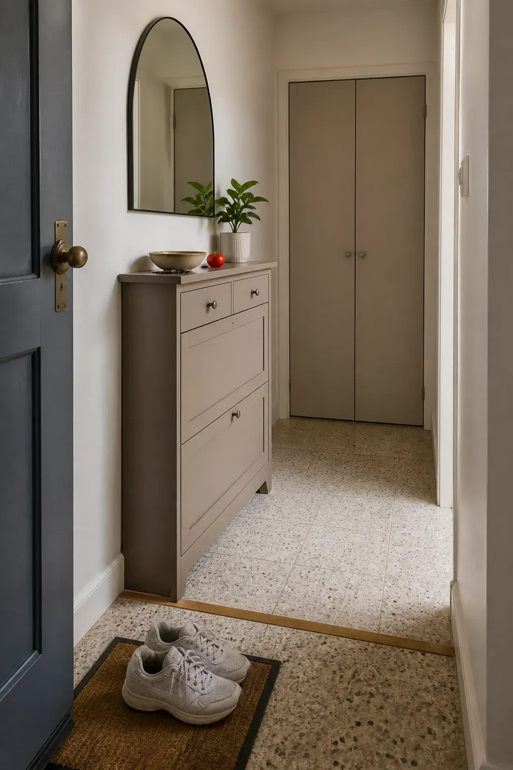 Slim shoe cabinet used as entry table