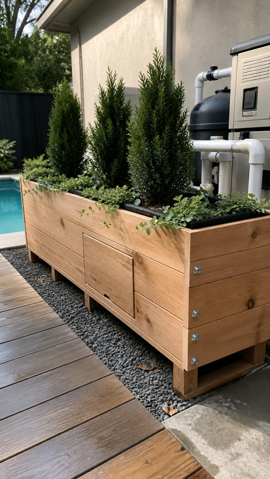 Simple DIY timber planter screening a pool equipment corner