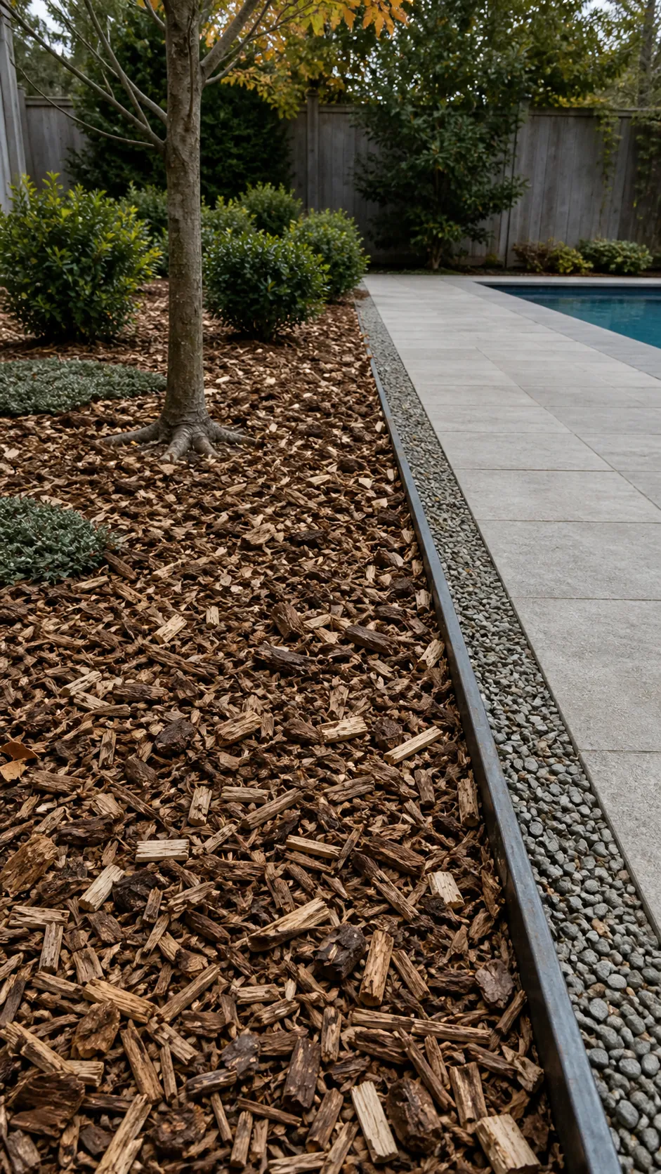 Neatly edged outer pool bed mulched with coarse arborist wood chips