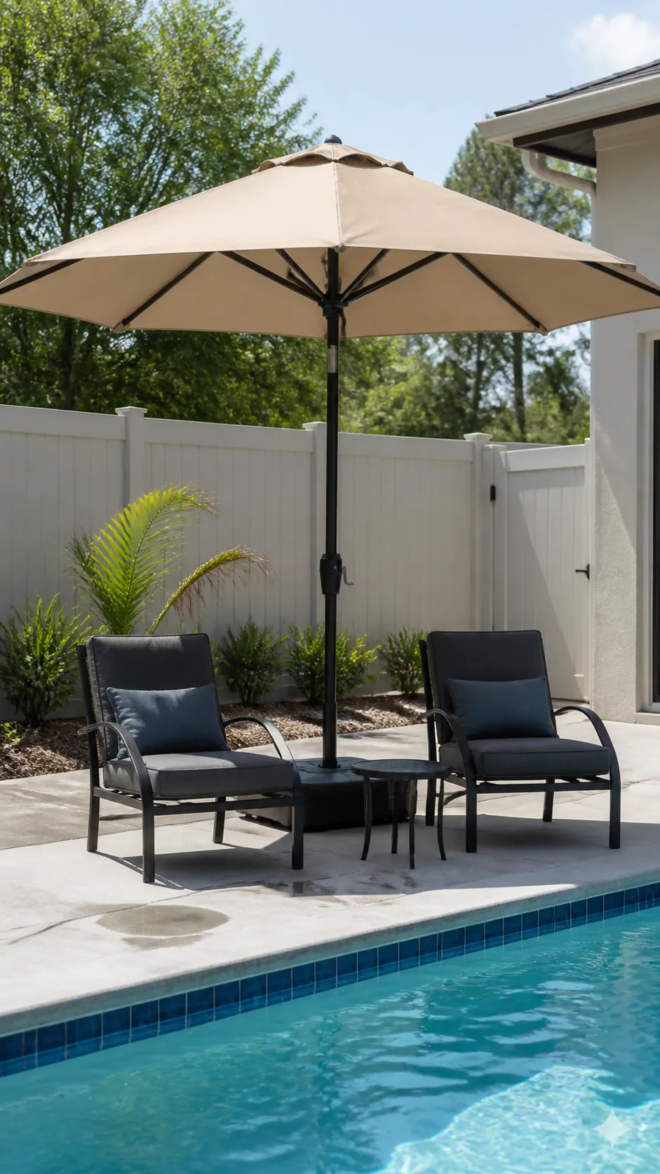 Large neutral umbrella shading an affordable poolside lounge area