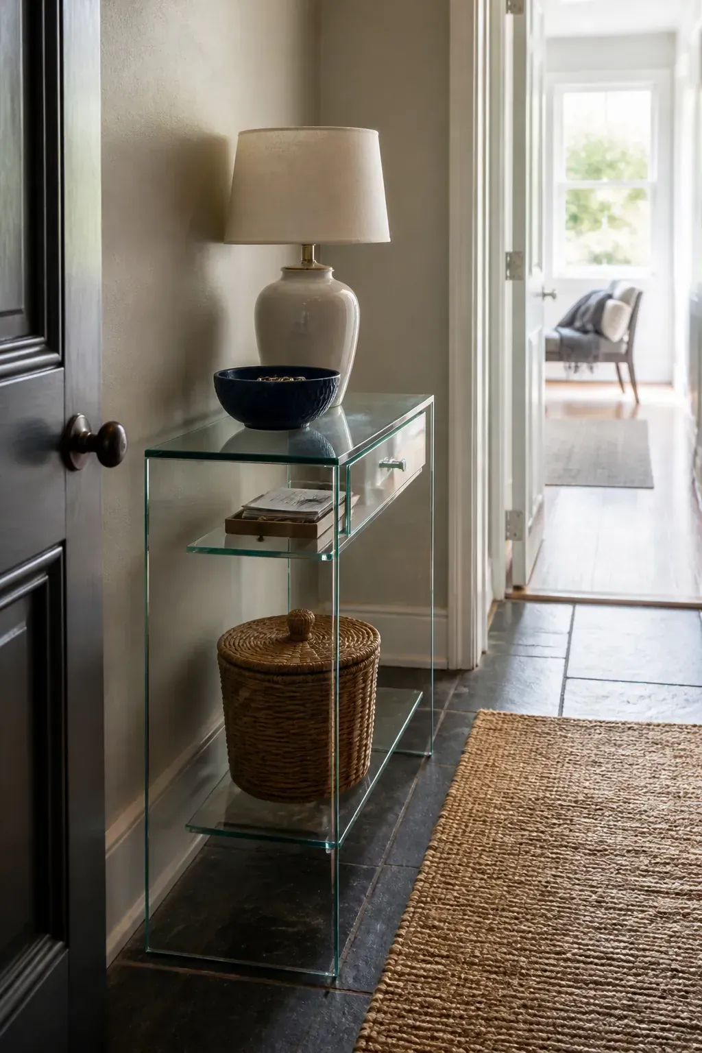 Clear glass console in a small hall