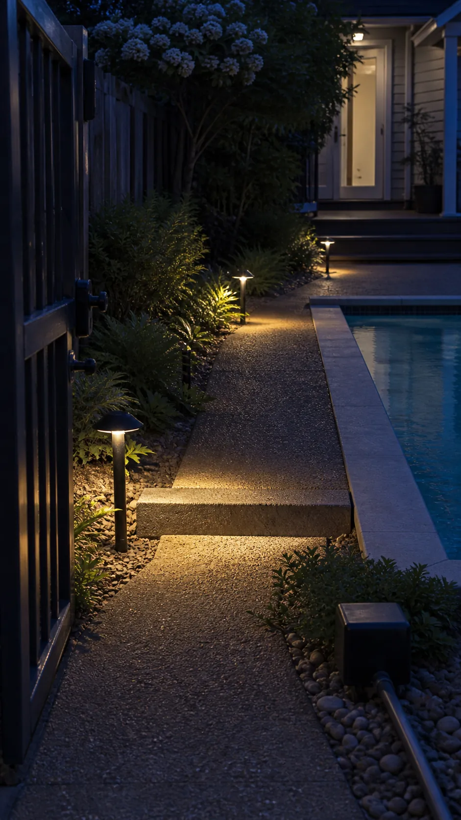 Small set of warm low-voltage lights marking a pool path