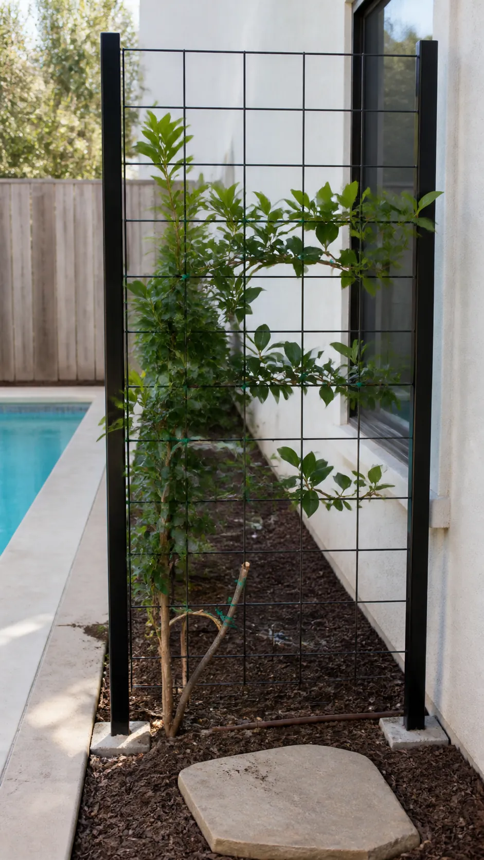 Simple freestanding trellis with one trained vine beside a pool
