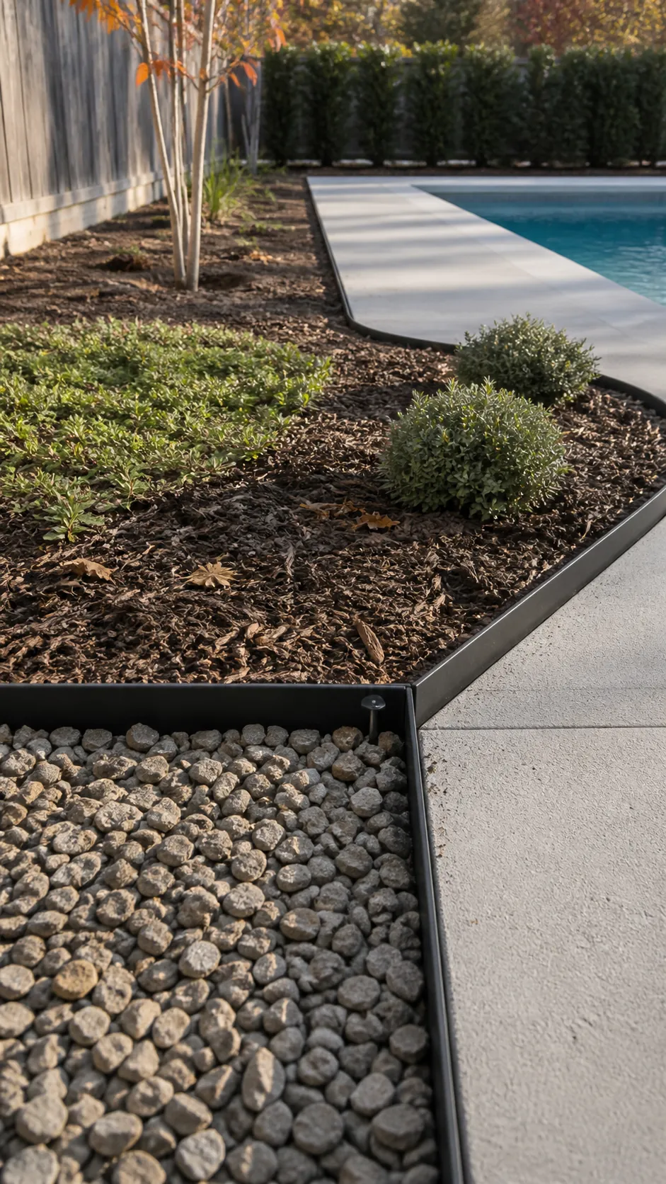 Repeated affordable metal edging unifying gravel and planting around a pool