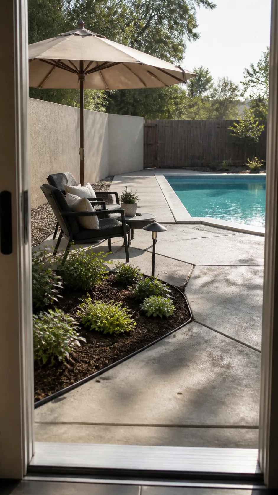 Finished first-phase pool makeover focused on a clean lounge and planting zone