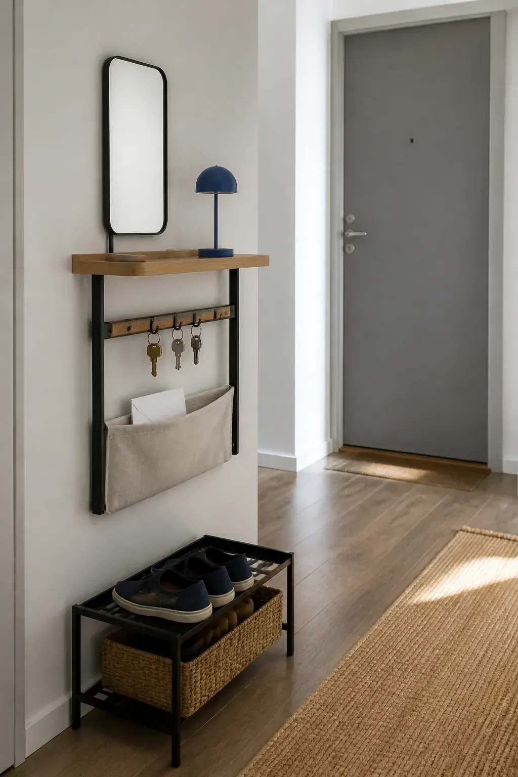 Renter entry shelf with key rail