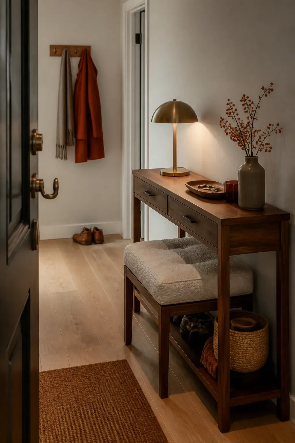 Petite console with tucked stool