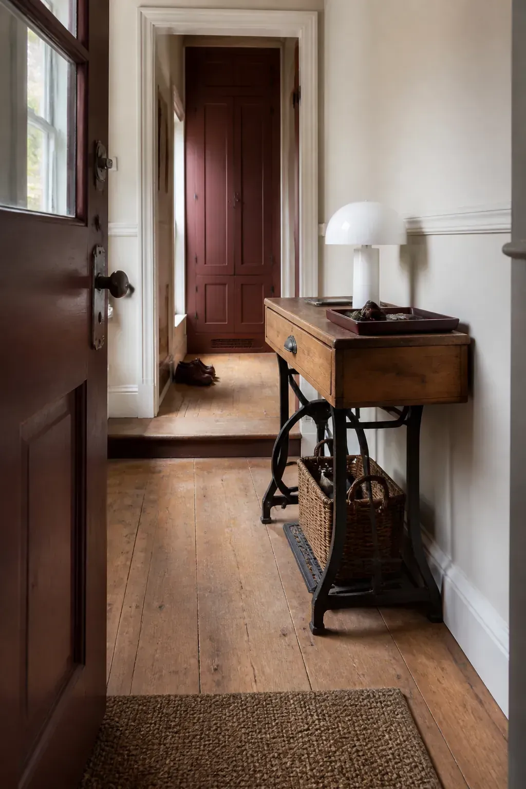 Vintage sewing table entry drop zone