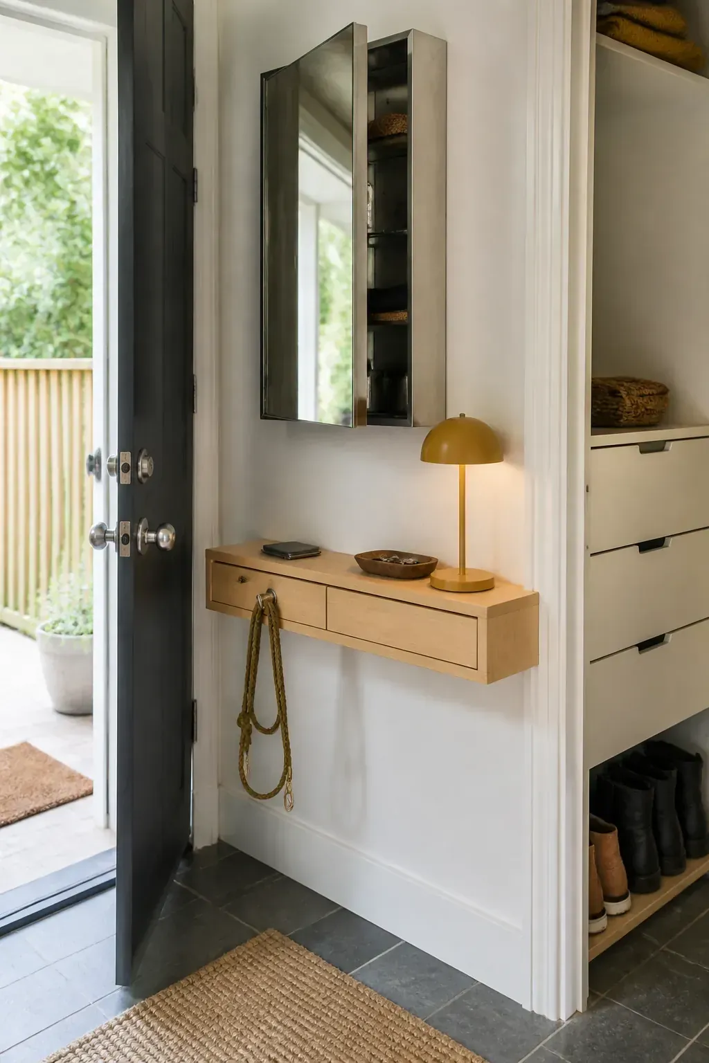 Mirror cabinet above slim entry ledge