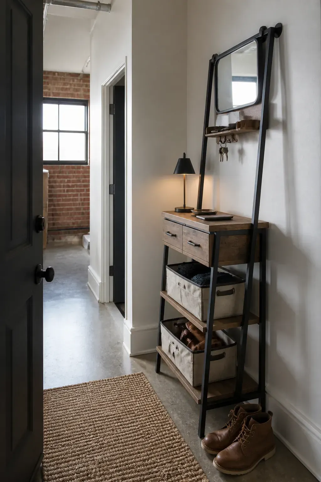 Ladder console with vertical entry storage
