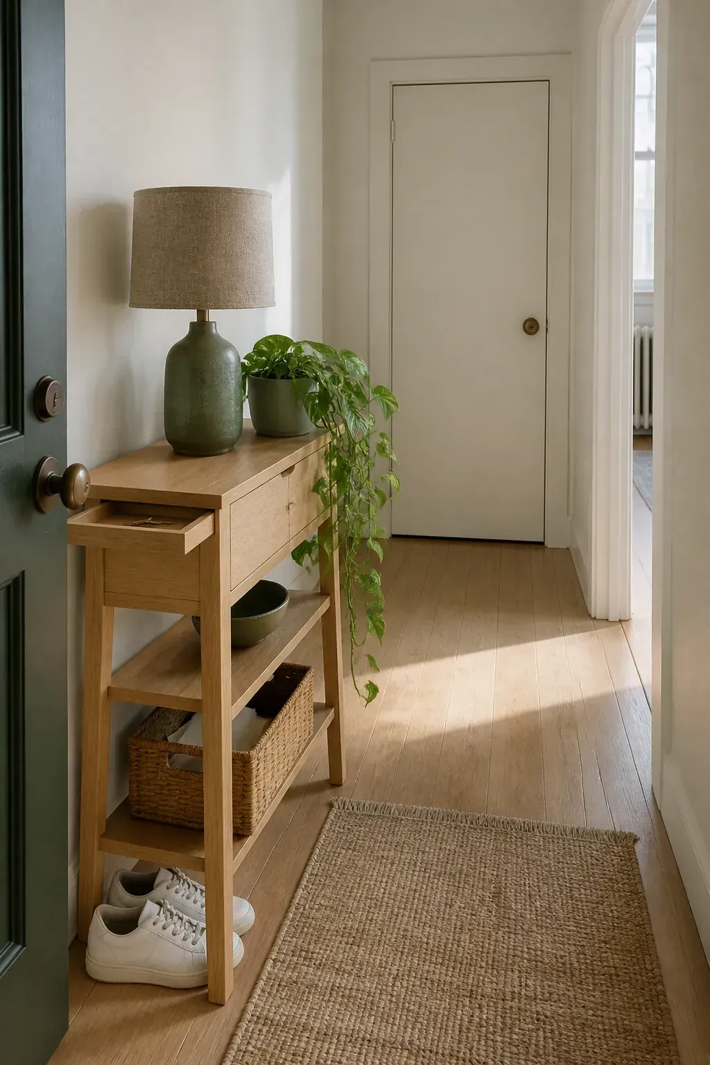 Small table with lamp and cascading plant