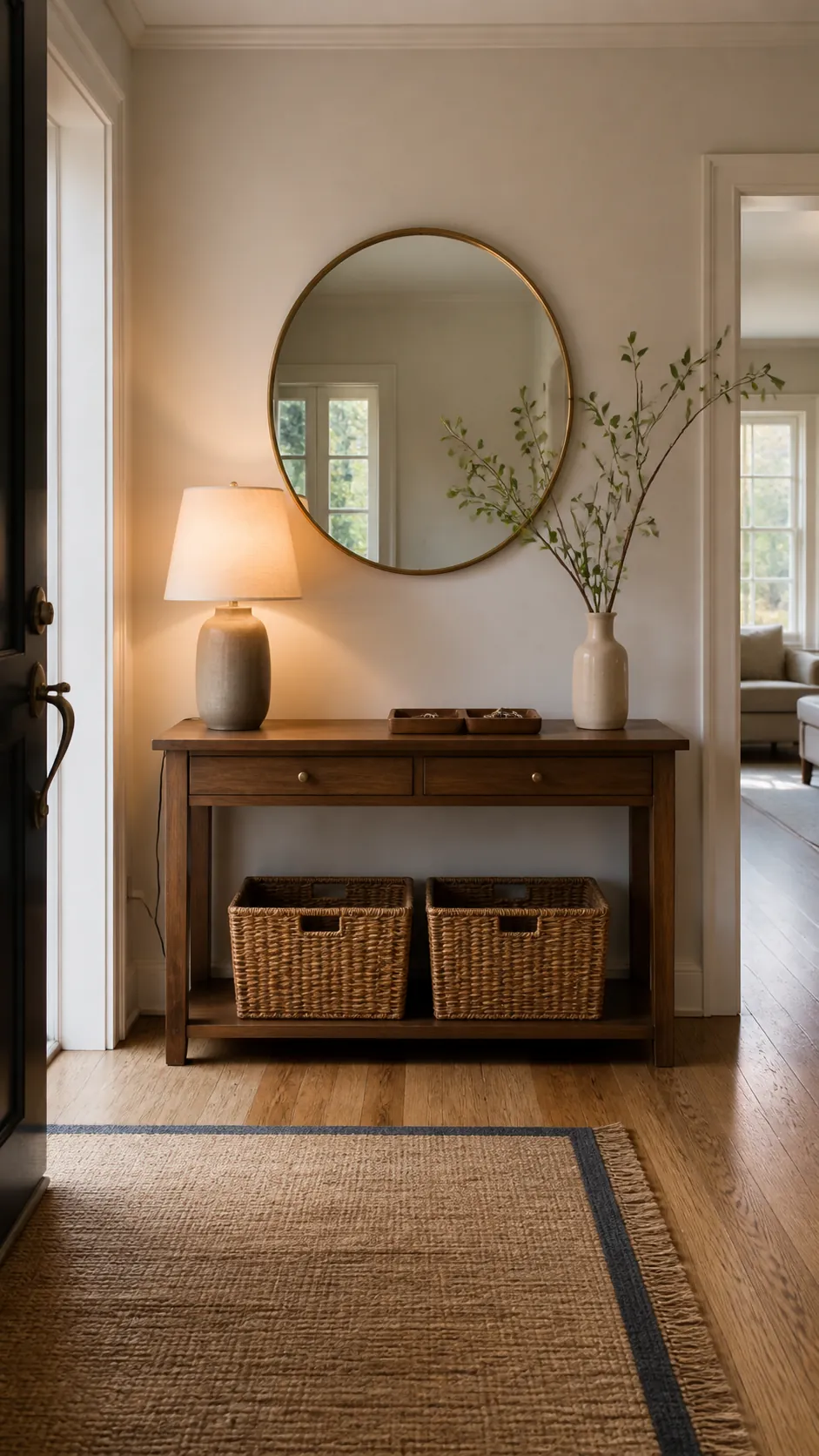 Warm practical entryway table decor with mirror lamp and catchall