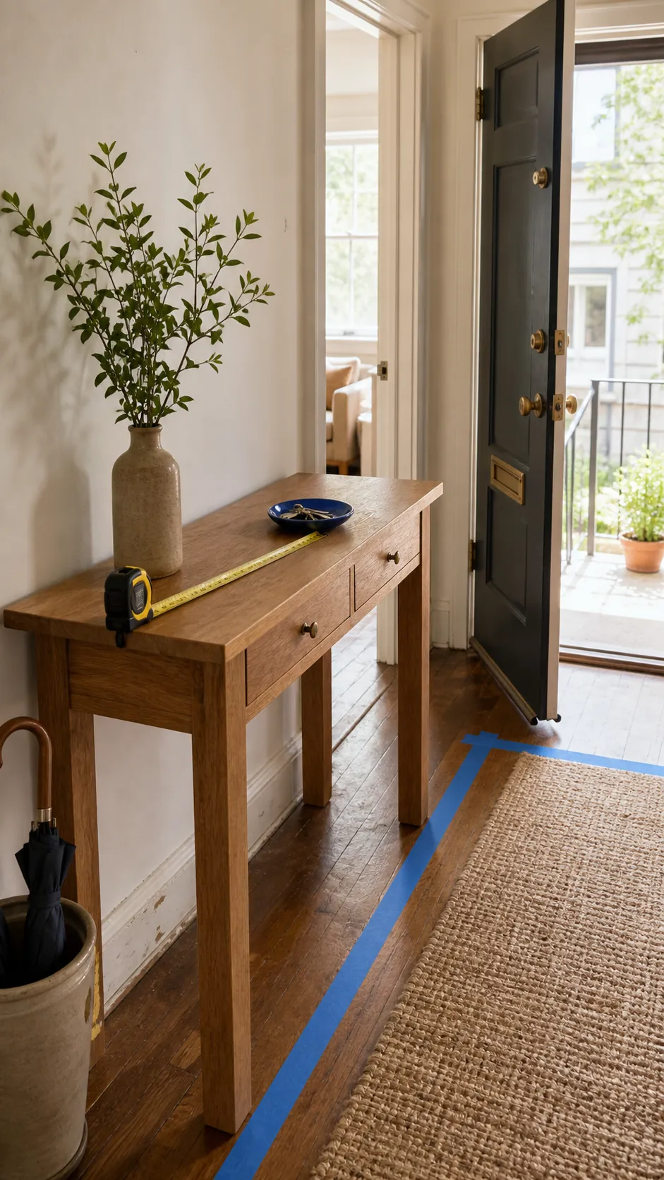 Measured entryway table with clear door swing and walking path