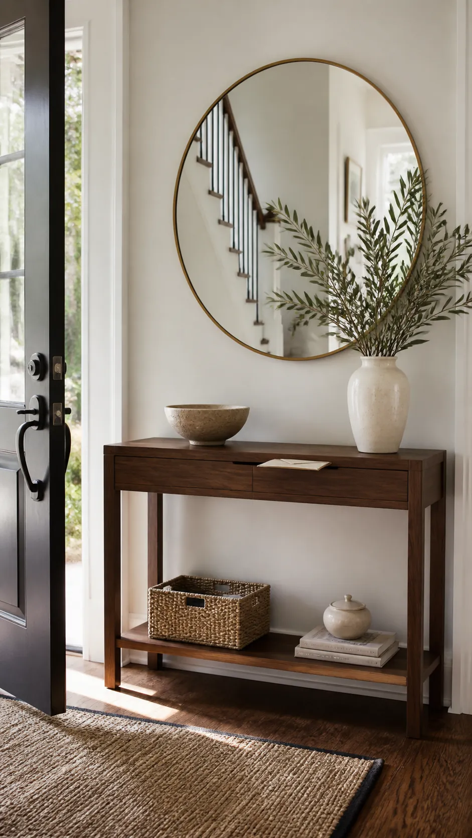 Round mirror anchoring a simple entryway table arrangement