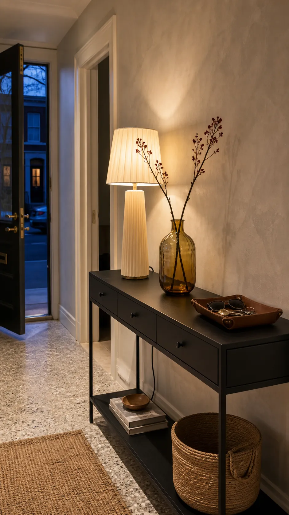 Entryway console styled with tall medium and low objects