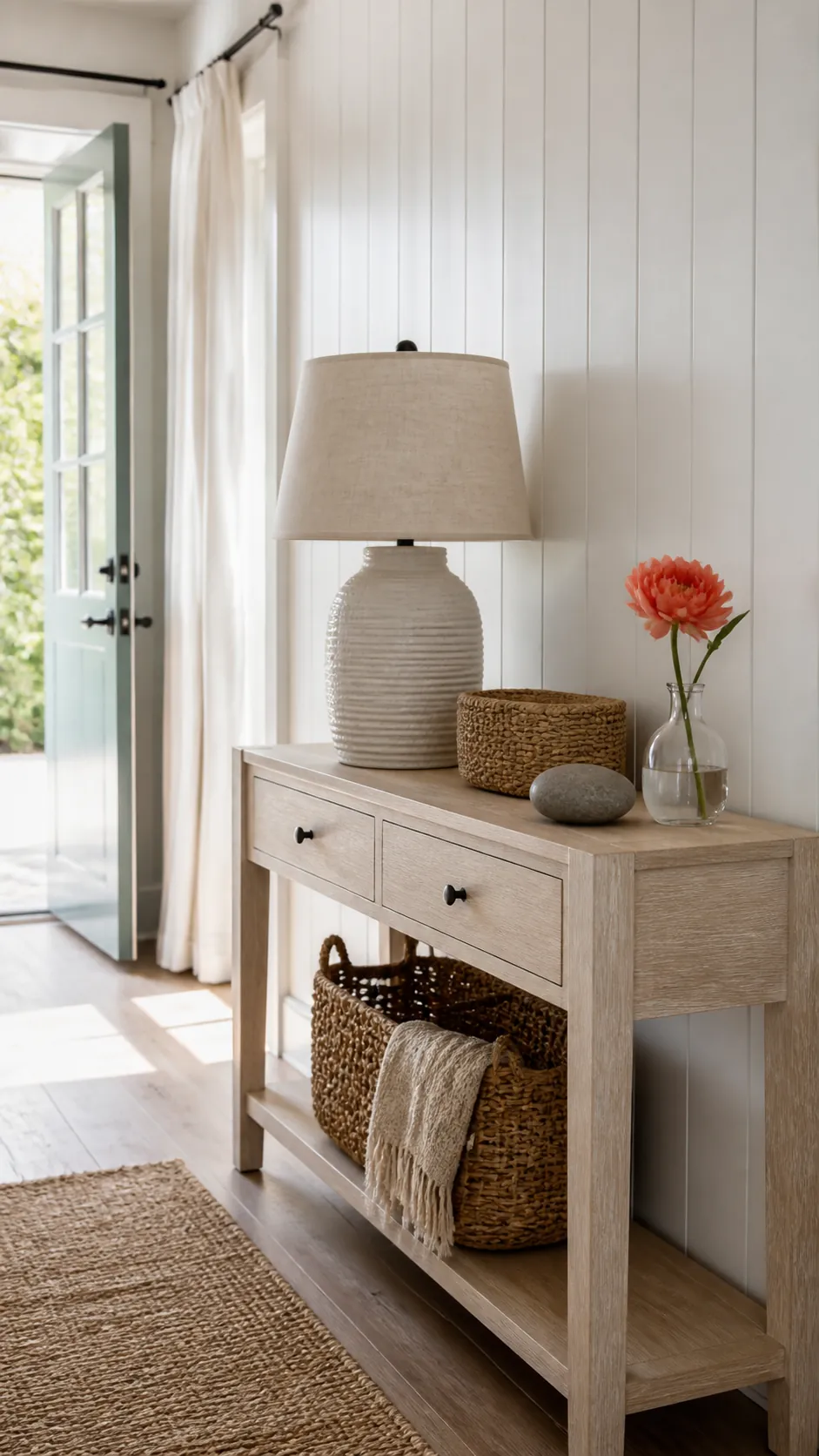 Textural entryway table decor with restrained object count