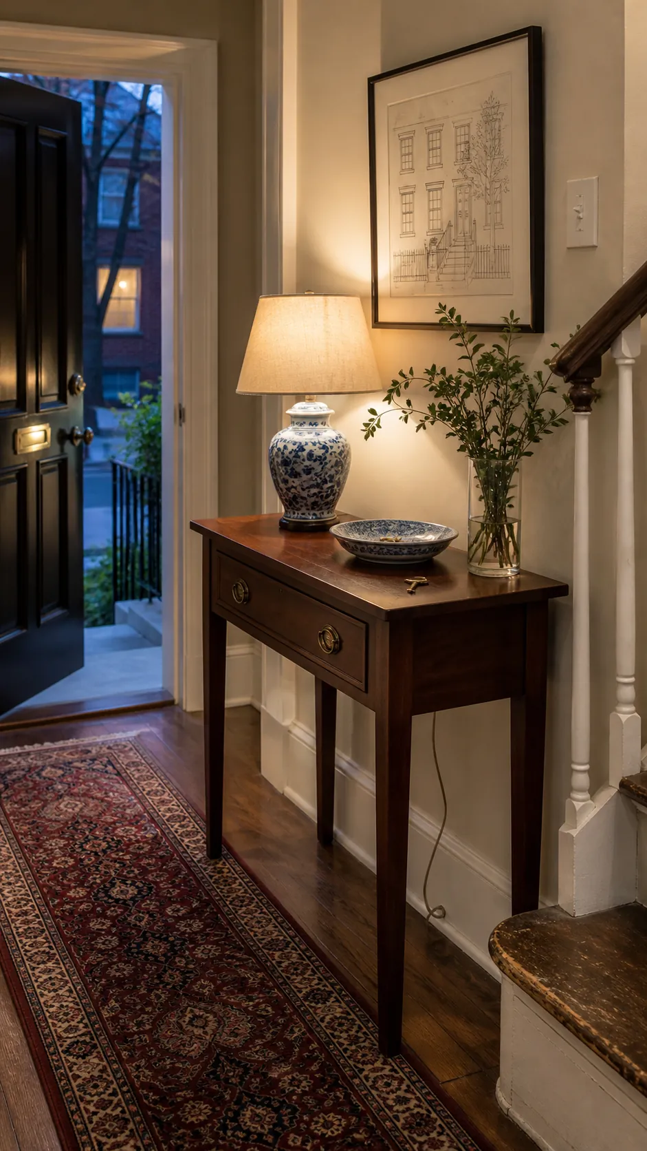 Warm lamp lighting a welcoming entryway console table