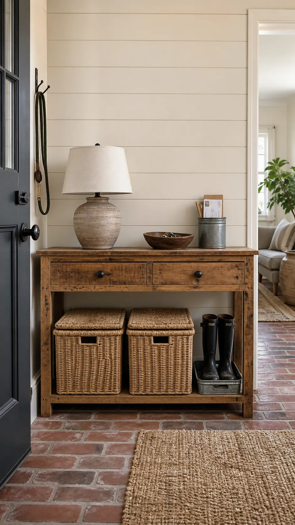 Matching baskets organized beneath an entryway table