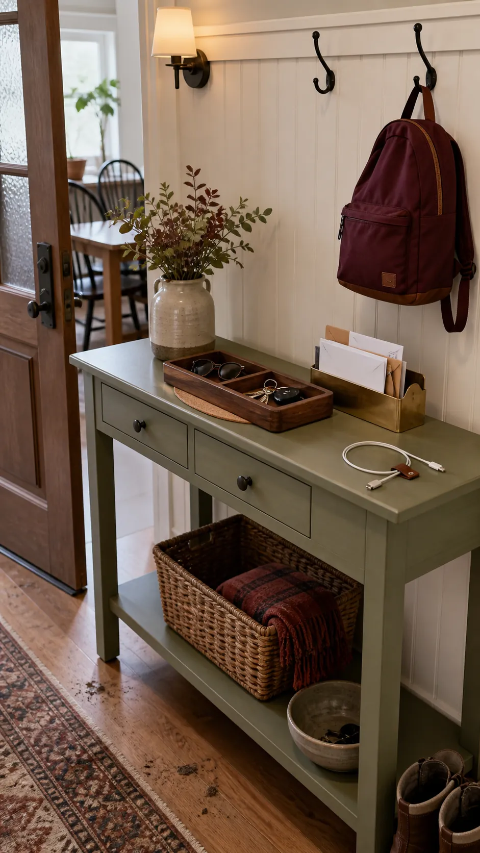 Organized entryway table drop zone for keys and mail
