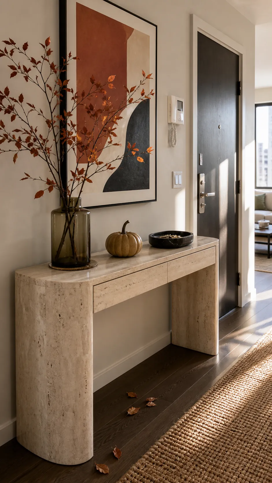 Entryway table refreshed with restrained seasonal decor