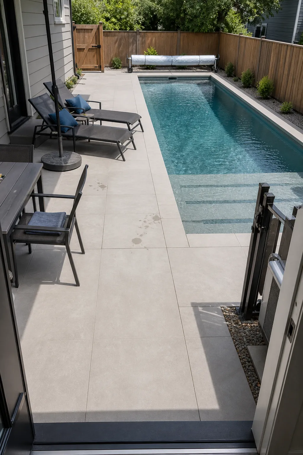 Outdoor pool area with a wide unobstructed circulation loop around seating