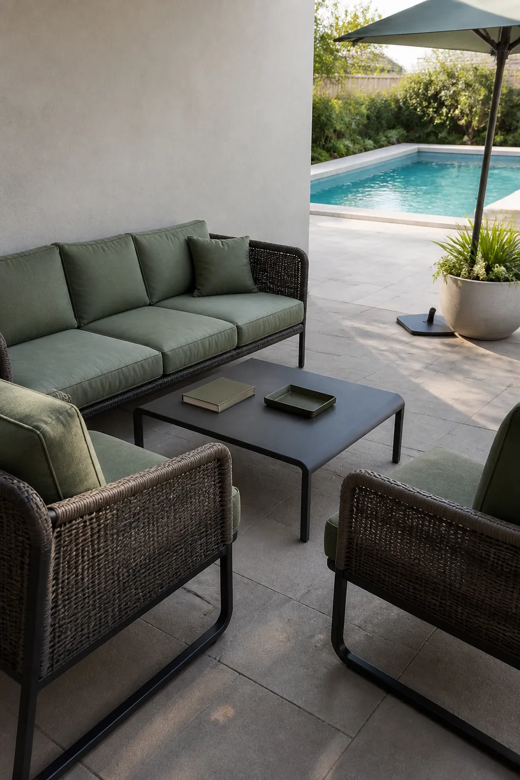 Comfortable dry poolside lounge arranged beyond the splash zone