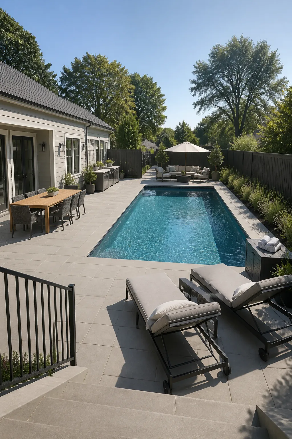 Outdoor pool area with flexible lounge dining shade and open circulation