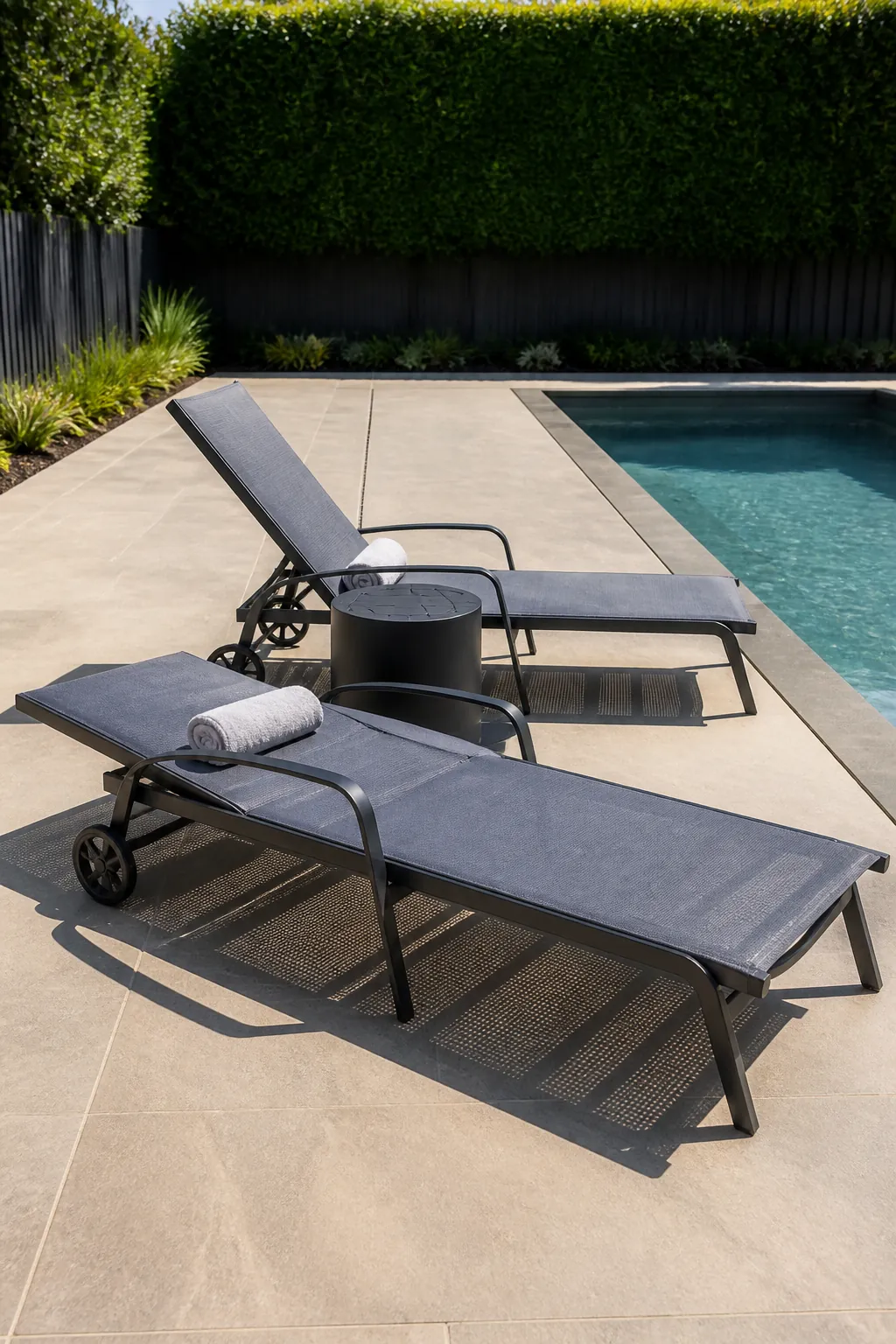 Two adjustable chaise lounges with a shared poolside table