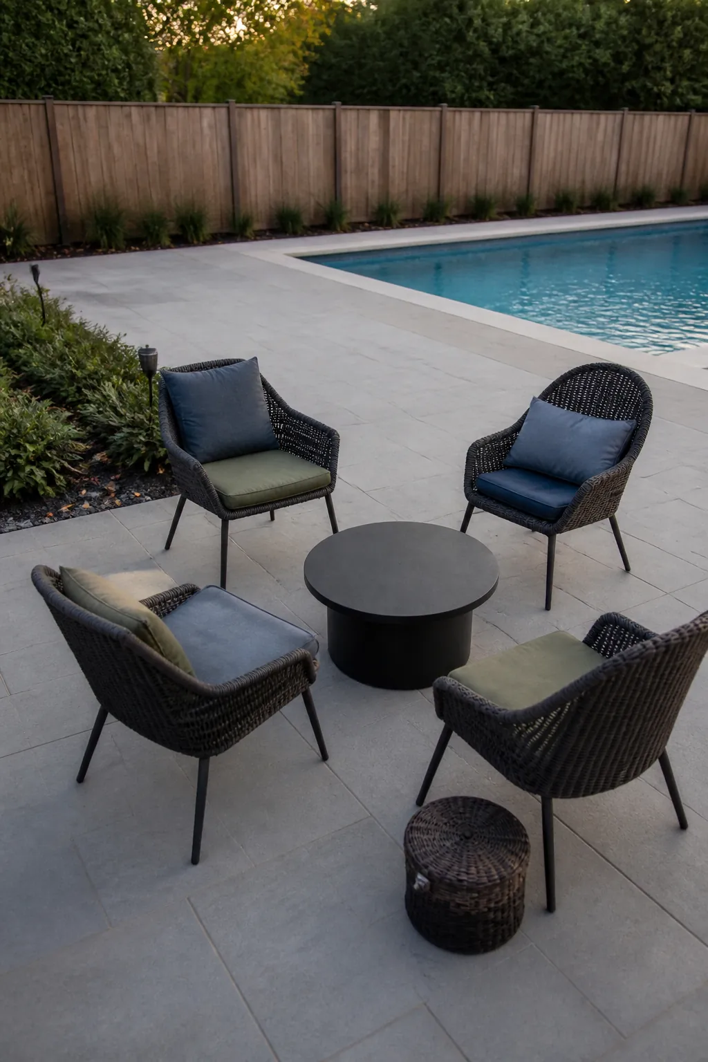 Four movable chairs forming a relaxed conversation circle by a pool