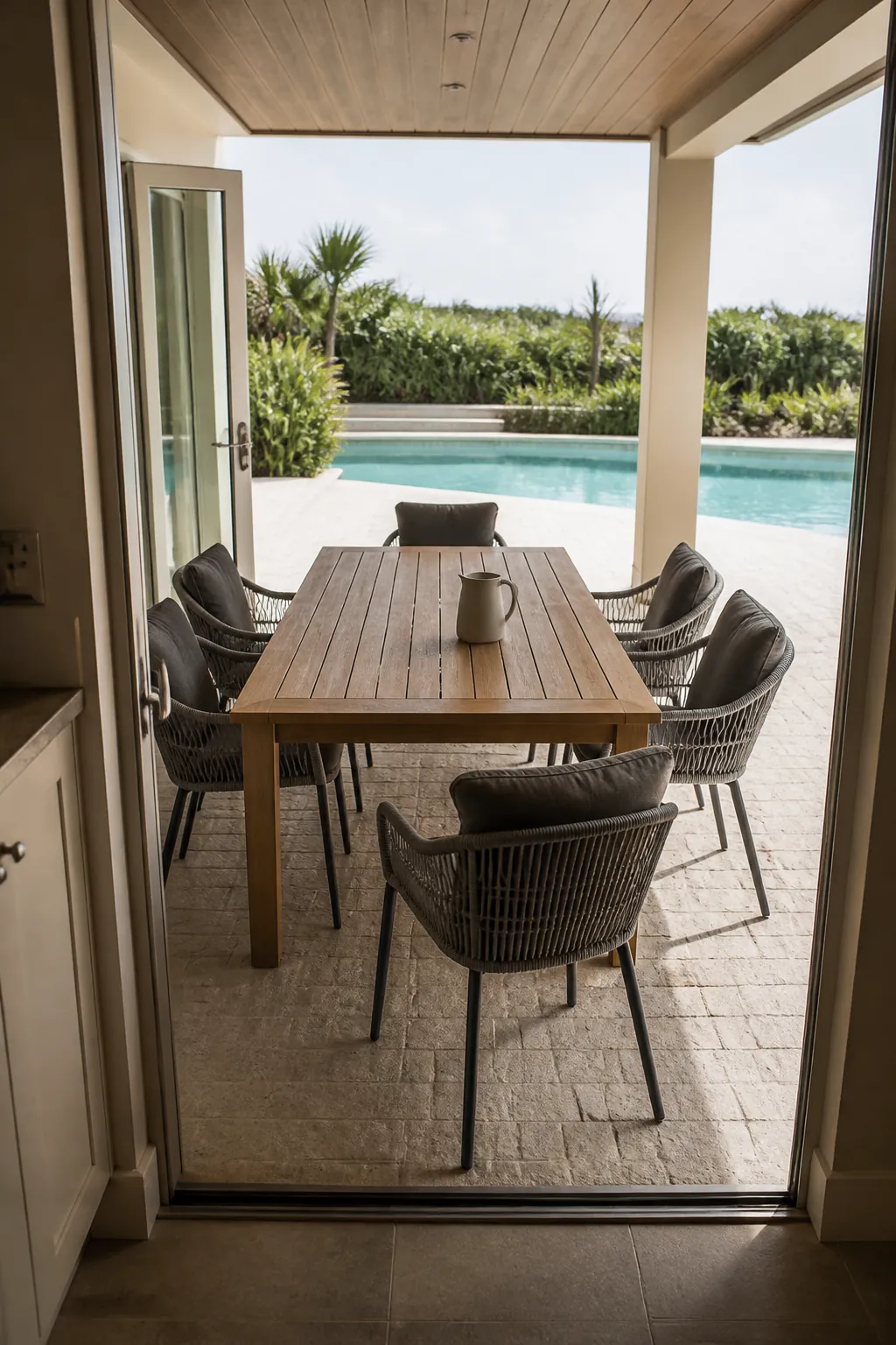 Outdoor dining table near the house with a clear view of the pool