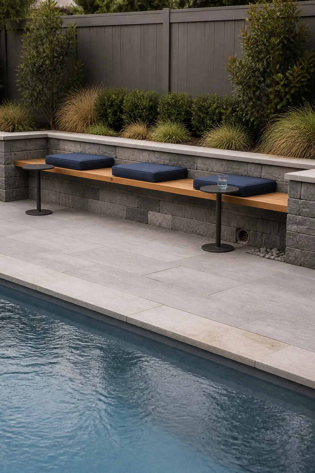 Built-in dry-deck bench offering flexible seating beside a pool