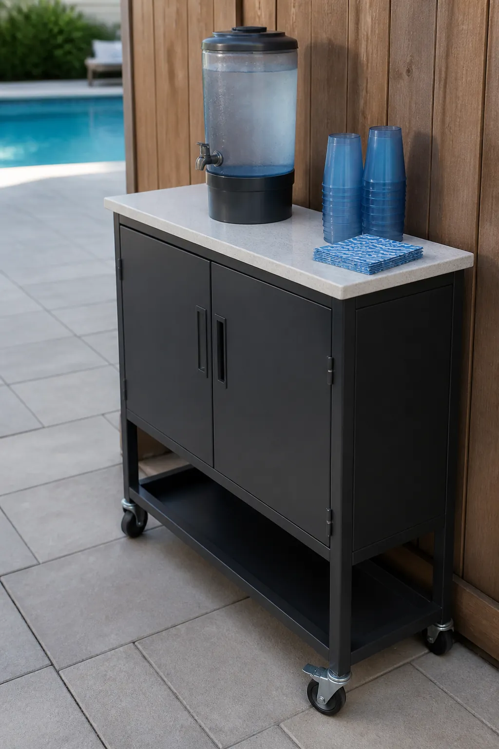Narrow outdoor serving console set along a dry edge of the pool patio