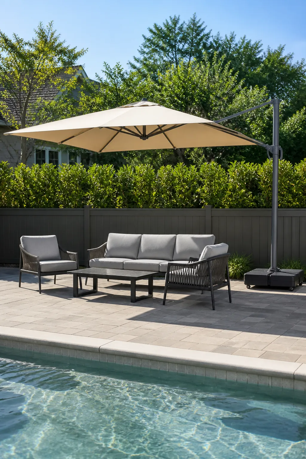 Cantilever umbrella shading a comfortable poolside seating group
