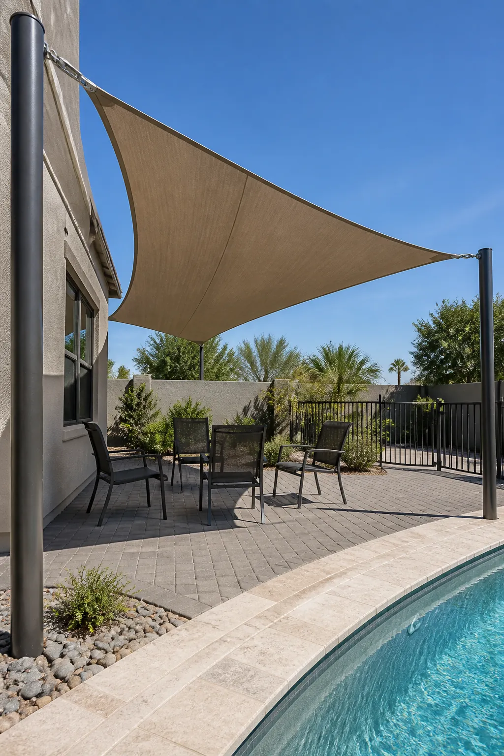 Tensioned neutral shade sail covering flexible poolside seating